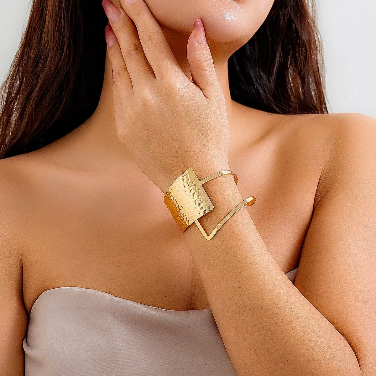 Geometric Hollow Patchwork Wide Cuff Bangle Bracelet