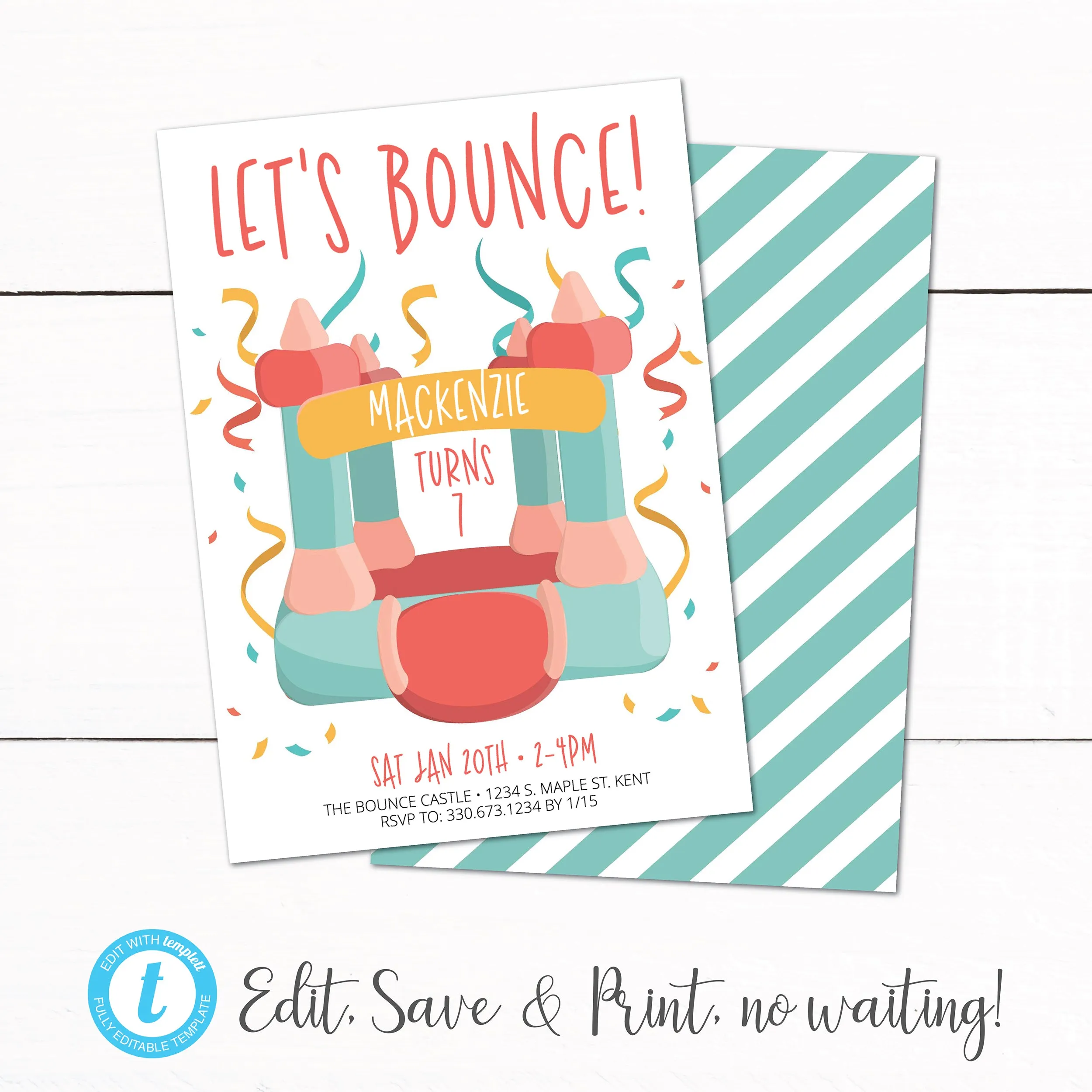 Girls Bounce House Castle Inflatable Birthday Party Invitation
