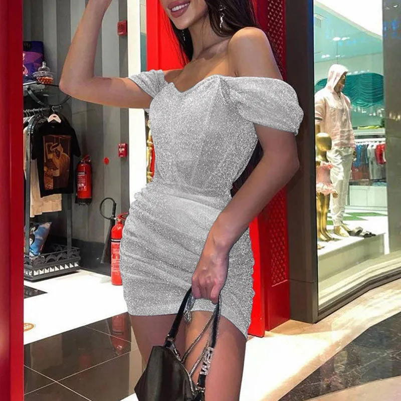 Glitter Off Shoulder Sleeveless Ruched Bodycon Dress