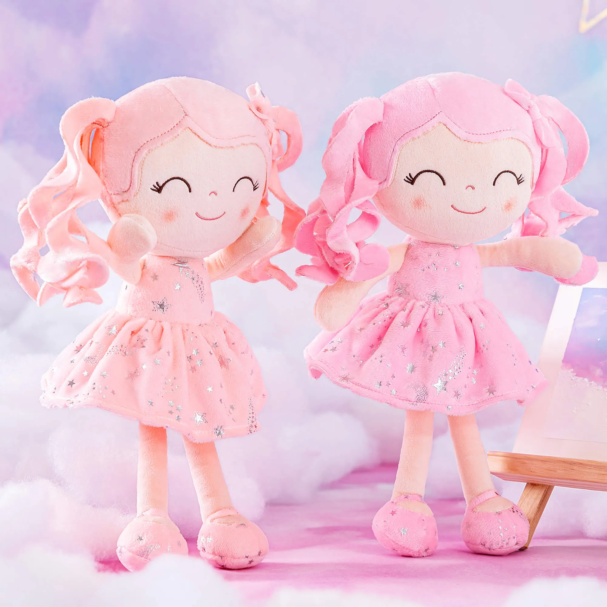 Gloveleya 12-inch Curly Hair Starry Sky Dolls Bronzing Pinky Stars Skirt - Pure Pink Hair