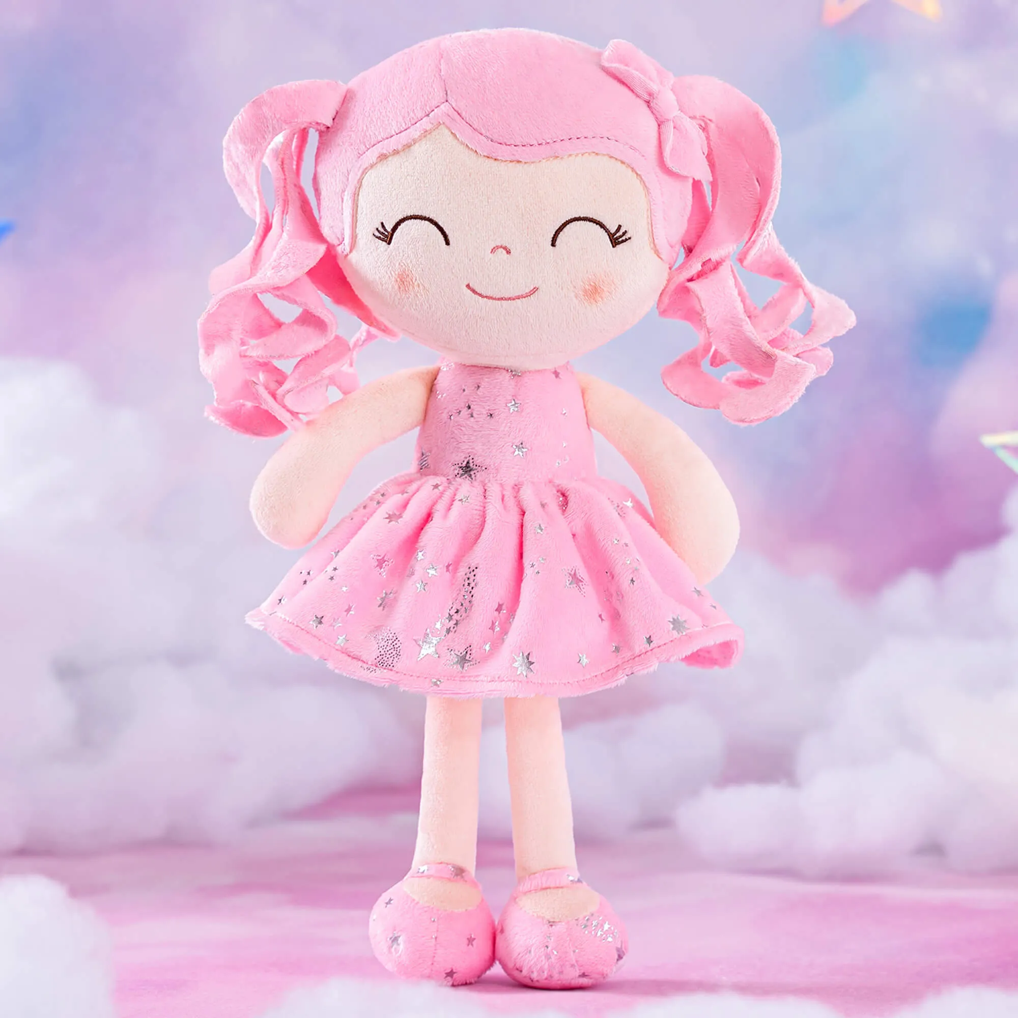 Gloveleya 12-inch Curly Hair Starry Sky Dolls Bronzing Pinky Stars Skirt - Pure Pink Hair