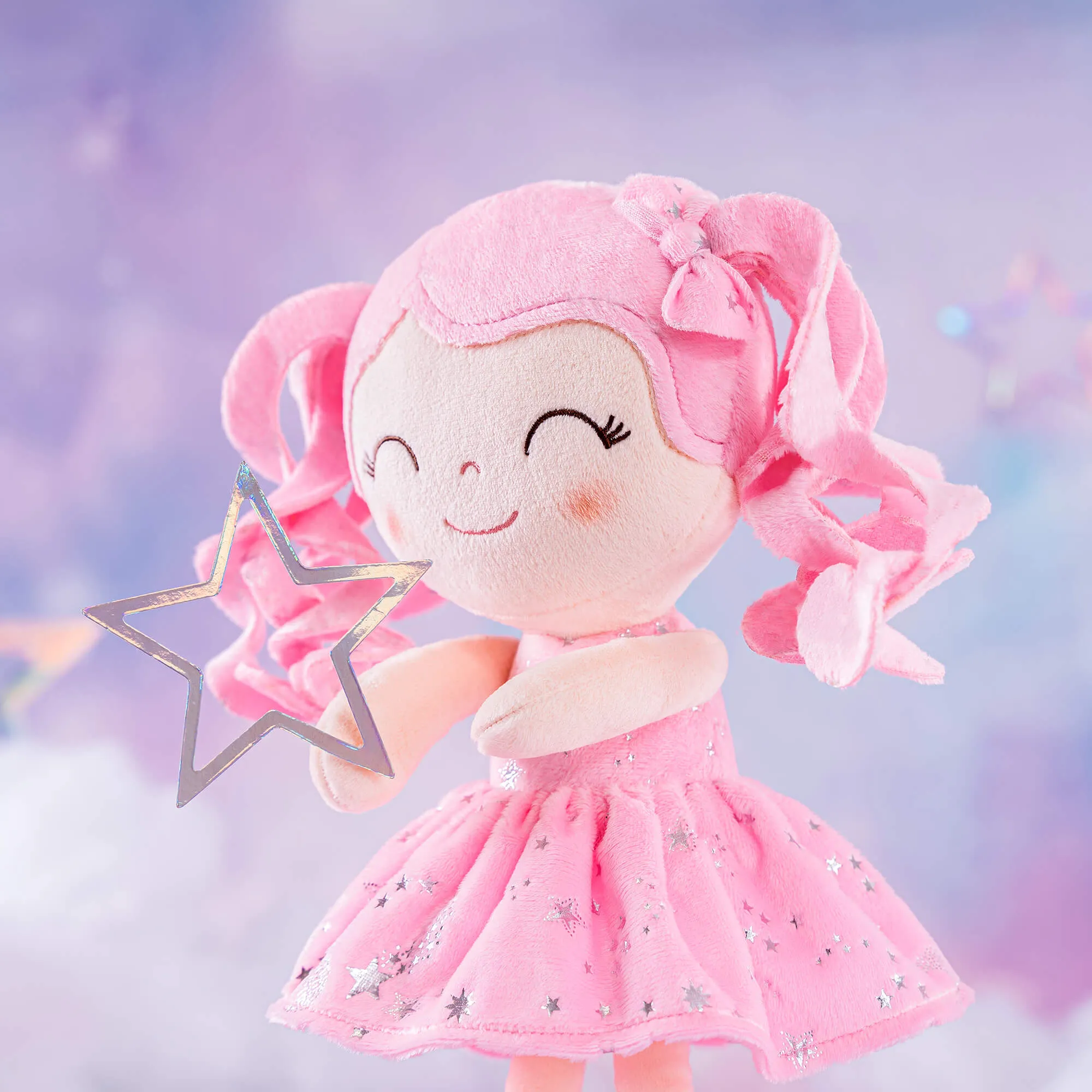 Gloveleya 12-inch Curly Hair Starry Sky Dolls Bronzing Pinky Stars Skirt - Pure Pink Hair