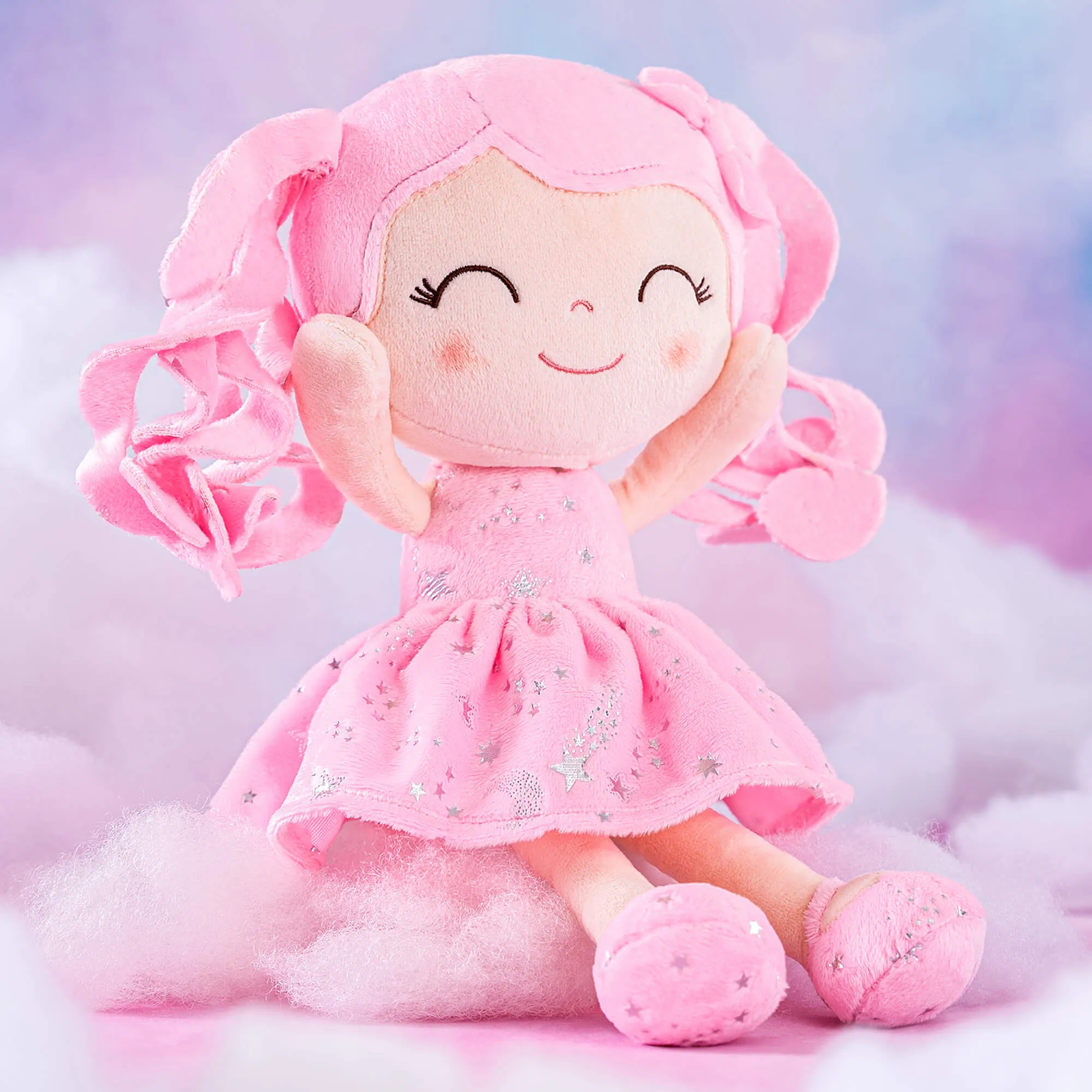 Gloveleya 12-inch Curly Hair Starry Sky Dolls Bronzing Pinky Stars Skirt - Pure Pink Hair
