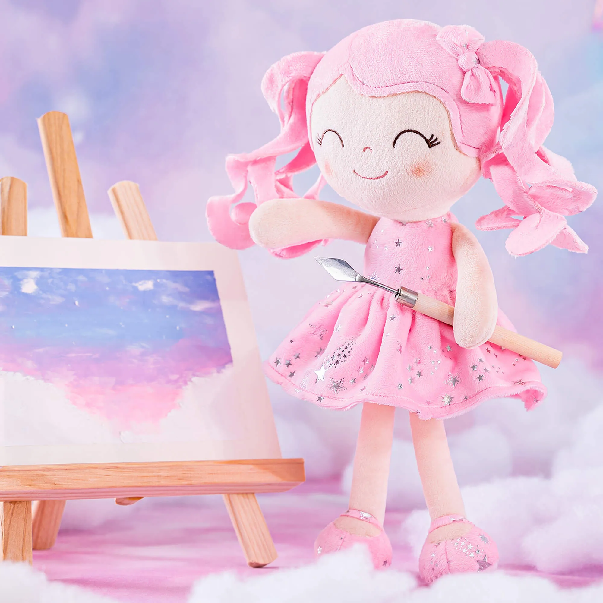 Gloveleya 12-inch Curly Hair Starry Sky Dolls Bronzing Pinky Stars Skirt - Pure Pink Hair