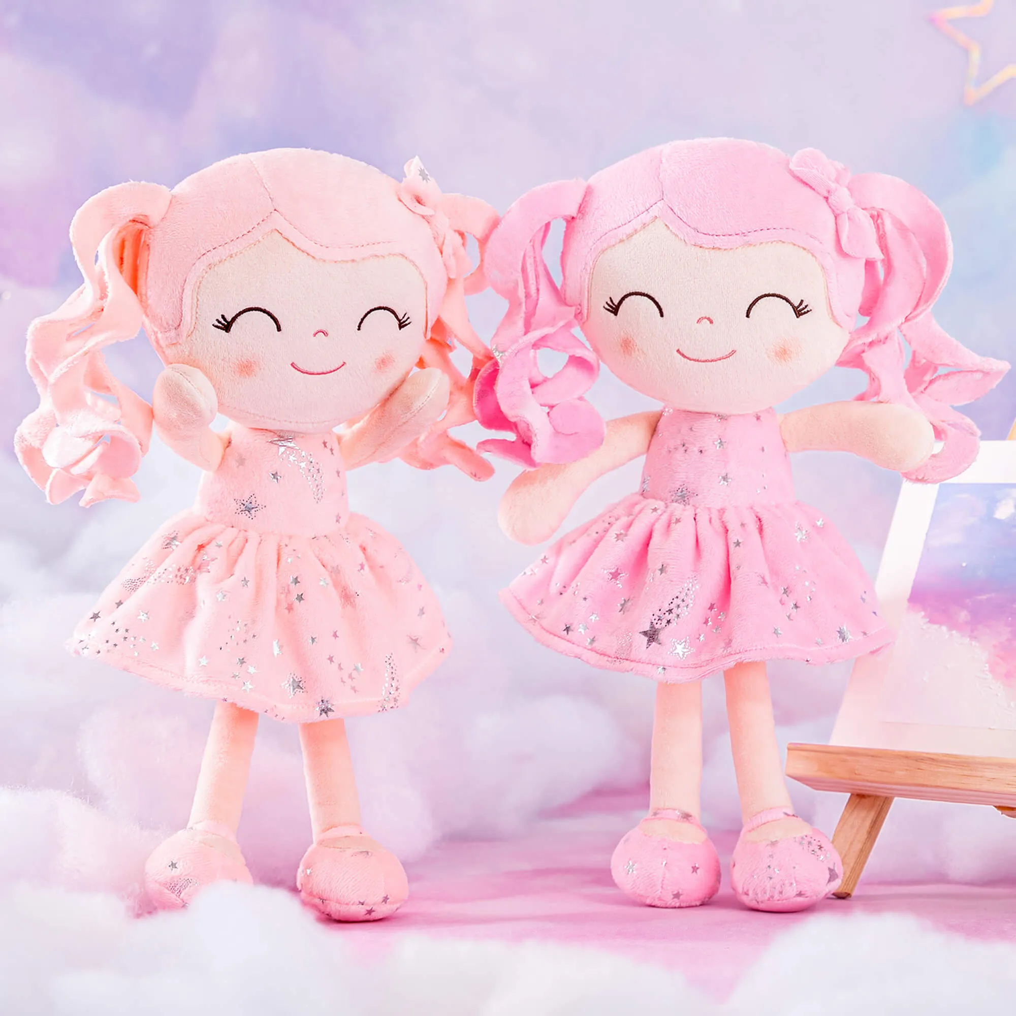 Gloveleya 12-inch Curly Hair Starry Sky Dolls Bronzing Pinky Stars Skirt - Pure Pink Hair