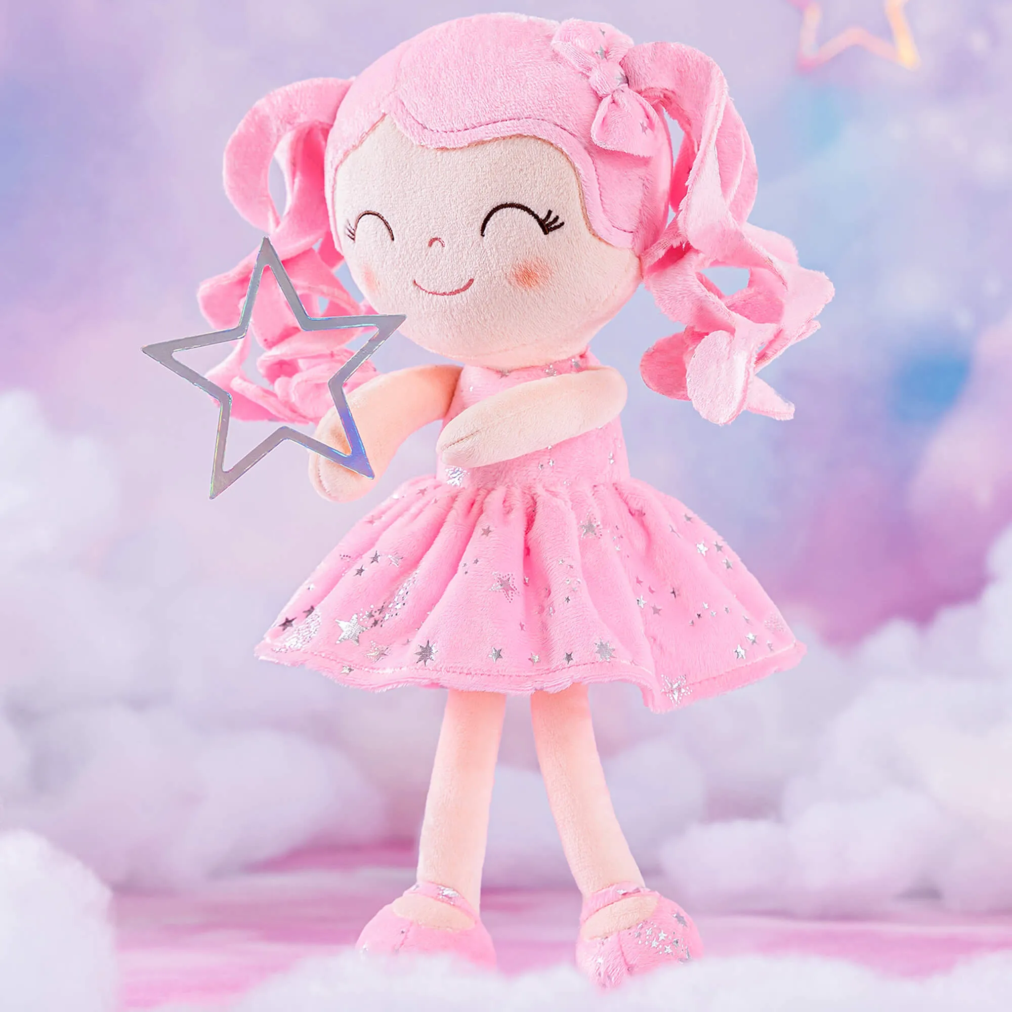 Gloveleya 12-inch Curly Hair Starry Sky Dolls Bronzing Pinky Stars Skirt - Pure Pink Hair