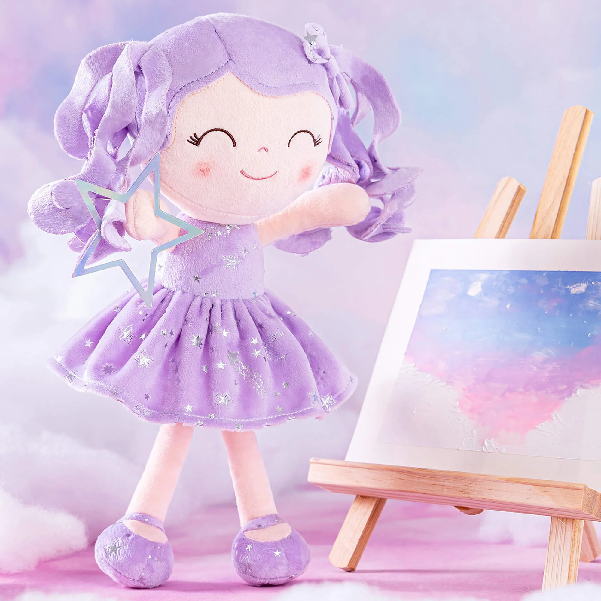 Gloveleya 12-inch Curly Hair Starry Sky Dolls Bronzing Purple Stars Skirt - Pure Purple Hair