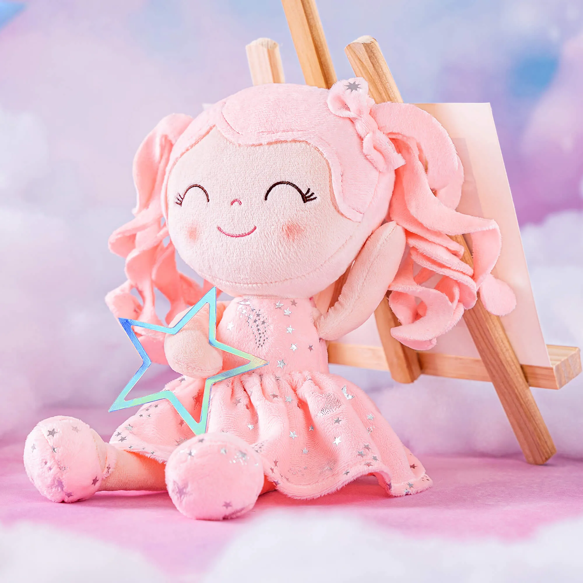 Gloveleya 12-inch Personalized Curly Hair Starry Sky Dolls Bronzing Coral Stars Skirt - Pure Coral Hair