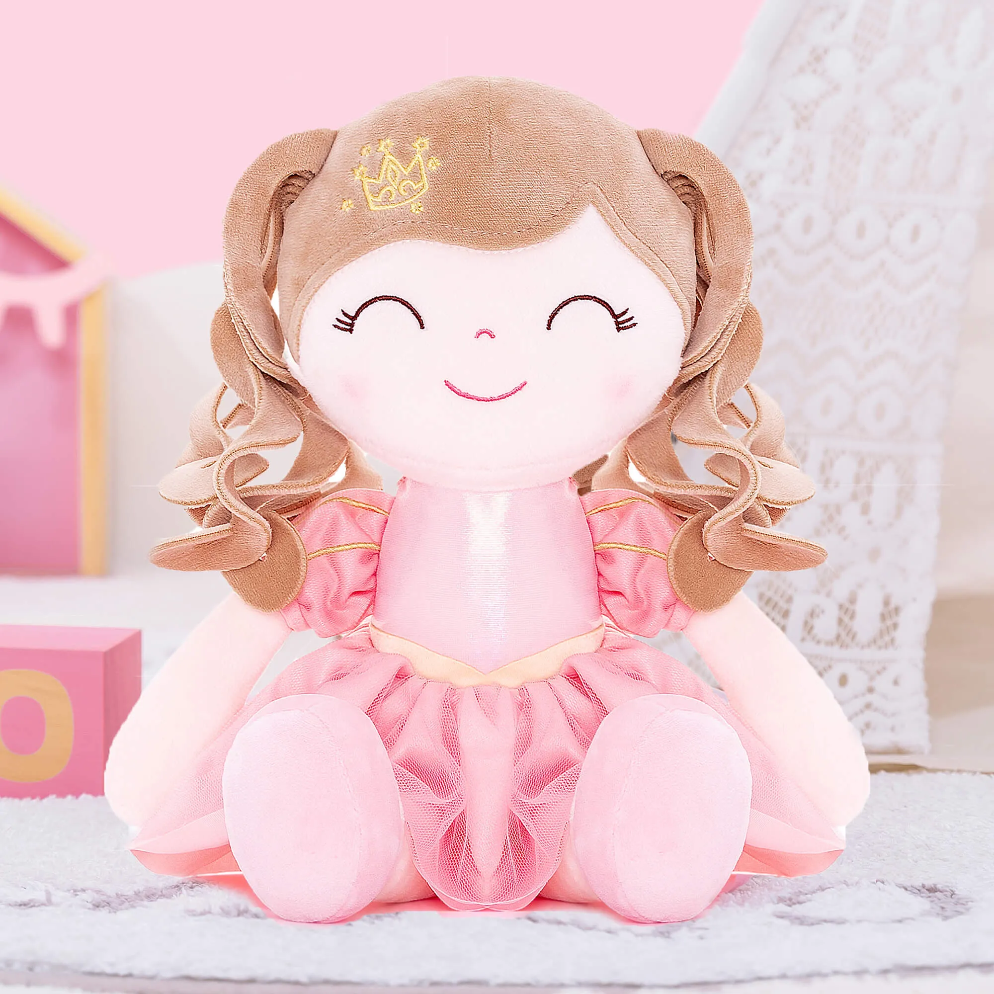 Gloveleya 14-inch Plush Girl Dolls Crown Princess Pink Baby Girl Gift