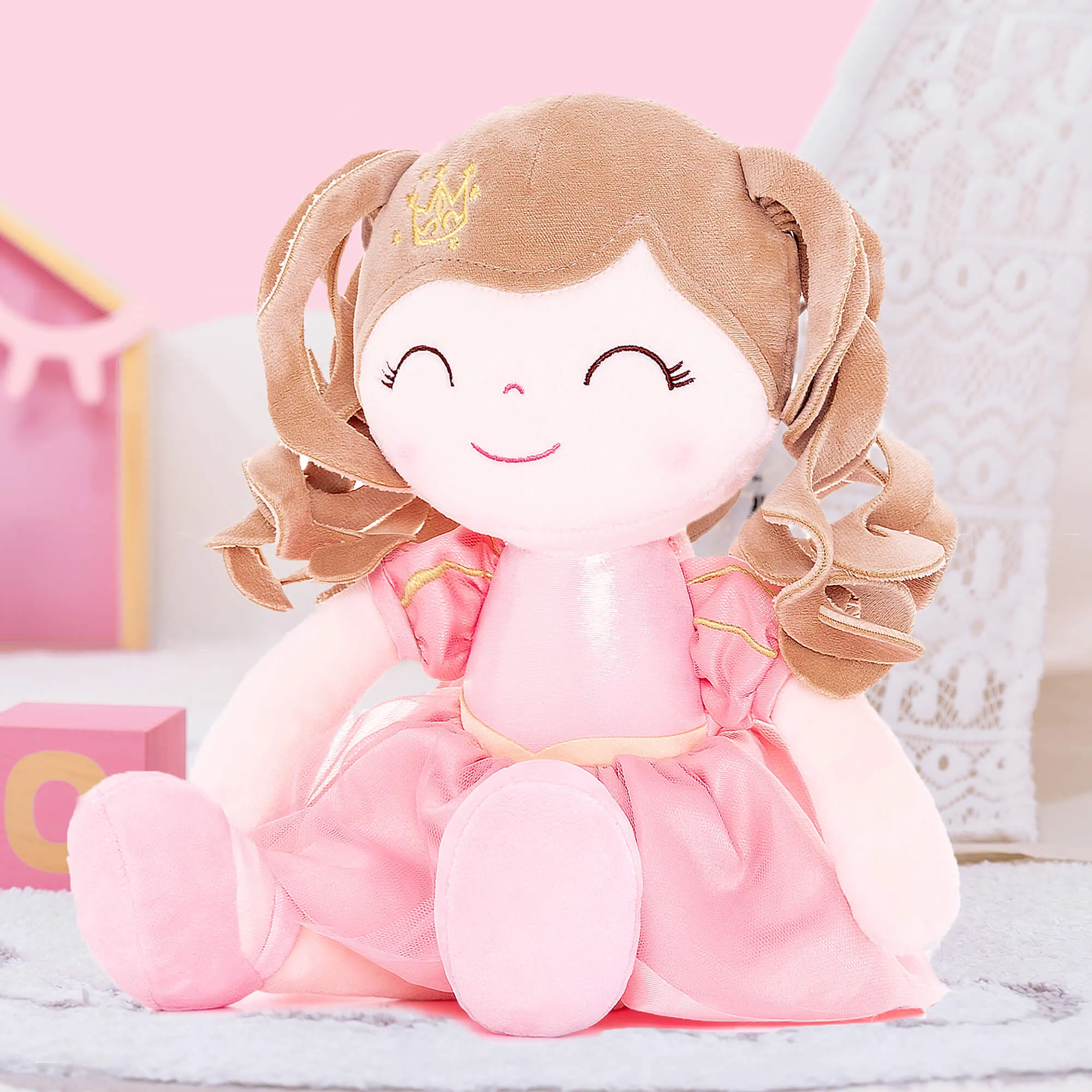 Gloveleya 14-inch Plush Girl Dolls Crown Princess Pink Baby Girl Gift