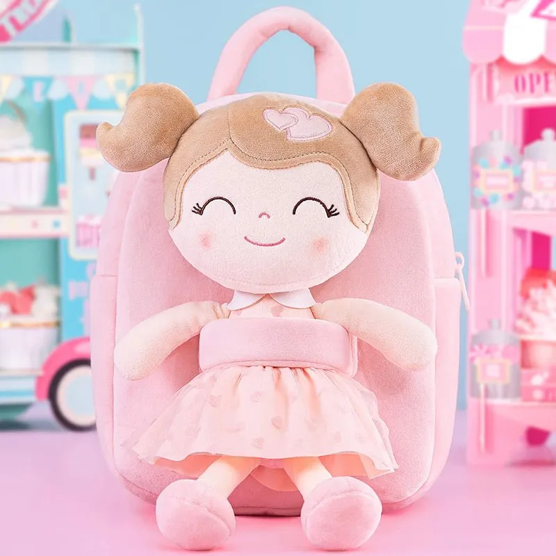 Gloveleya 9-inch Toddler Girls Backpack Girl Gifts Plush Backpack with Doll in Flocked Heart Skirt Pink