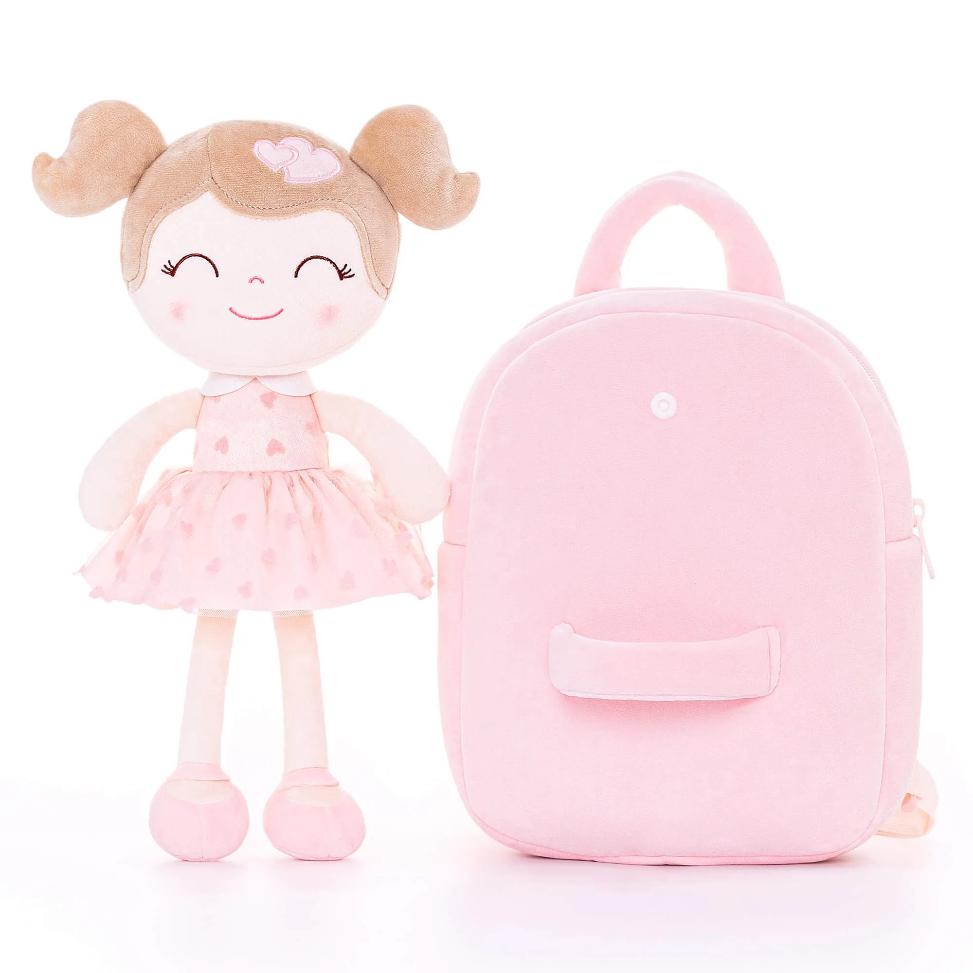 Gloveleya 9-inch Toddler Girls Backpack Girl Gifts Plush Backpack with Doll in Flocked Heart Skirt Pink