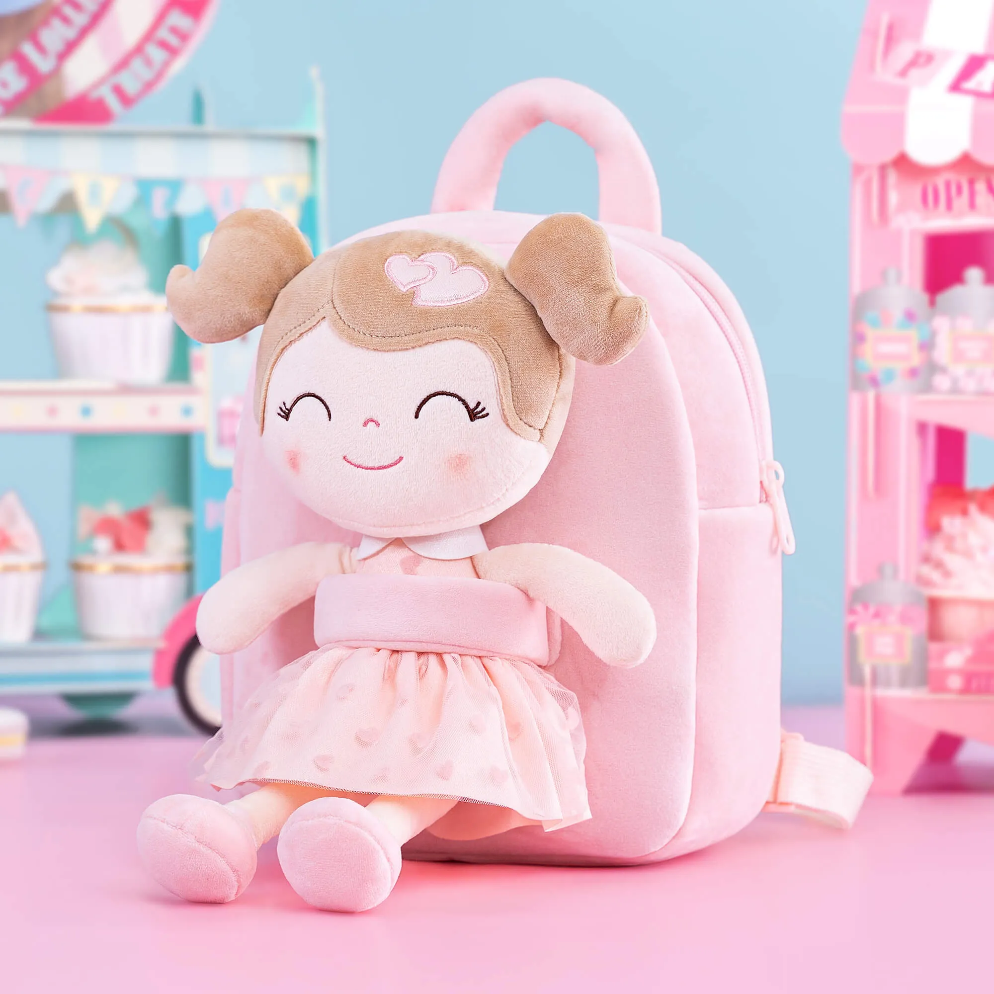 Gloveleya 9-inch Toddler Girls Backpack Girl Gifts Plush Backpack with Doll in Flocked Heart Skirt Pink