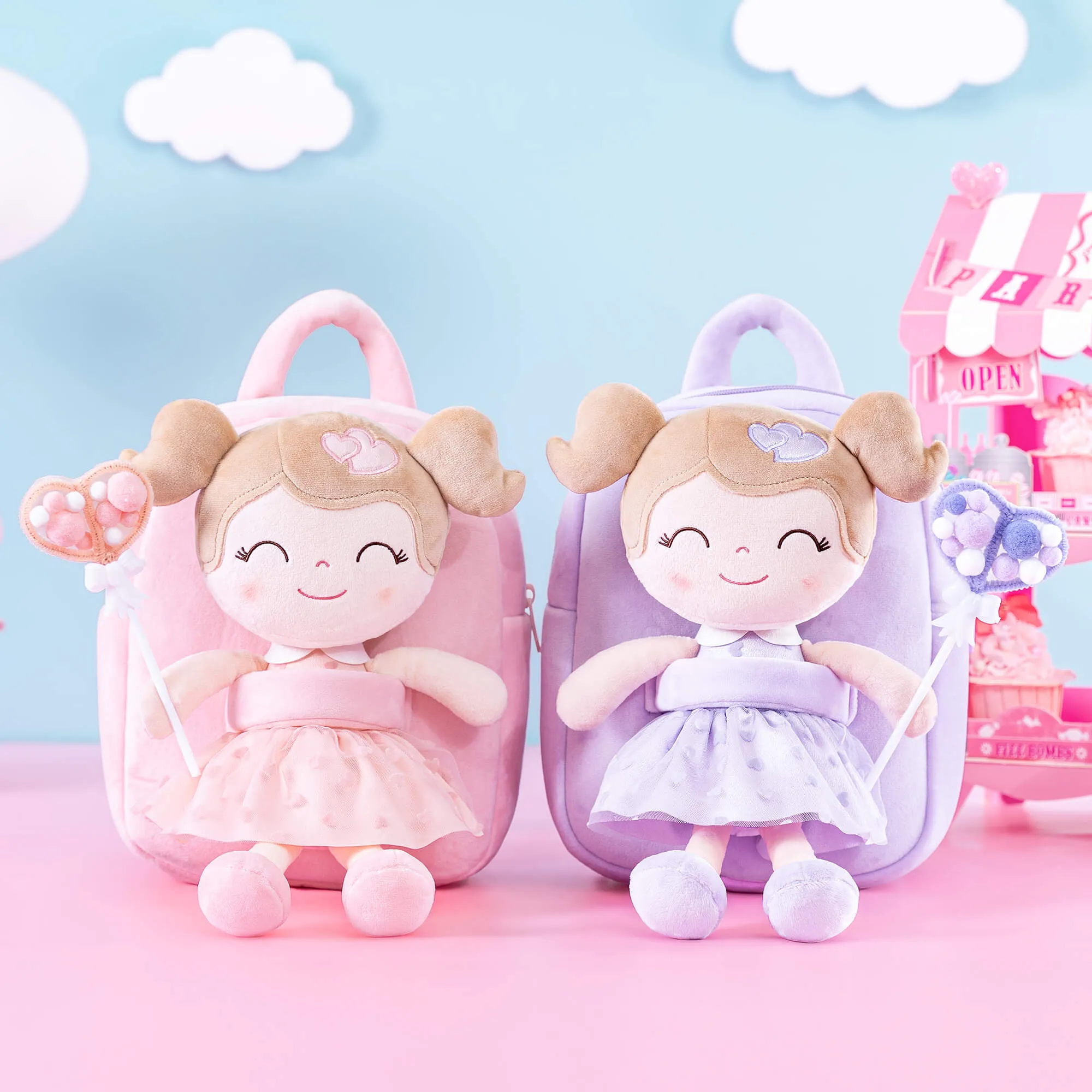 Gloveleya 9-inch Toddler Girls Backpack Girl Gifts Plush Backpack with Doll in Flocked Heart Skirt Pink