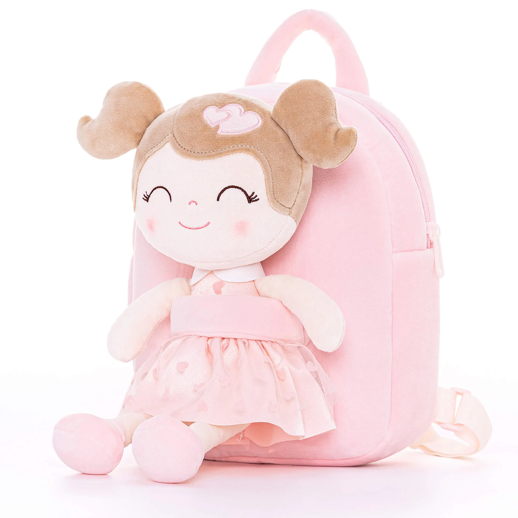 Gloveleya 9-inch Toddler Girls Backpack Girl Gifts Plush Backpack with Doll in Flocked Heart Skirt Pink