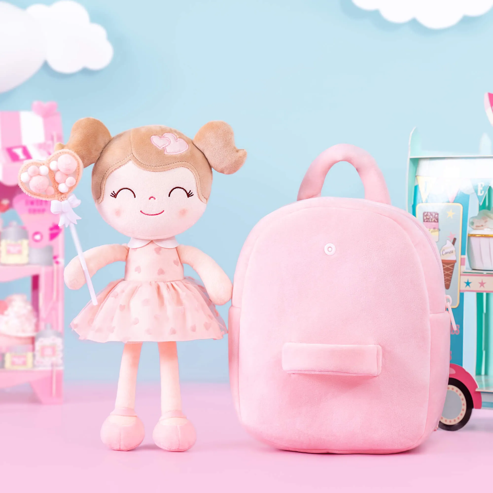 Gloveleya 9-inch Toddler Girls Backpack Girl Gifts Plush Backpack with Doll in Flocked Heart Skirt Pink