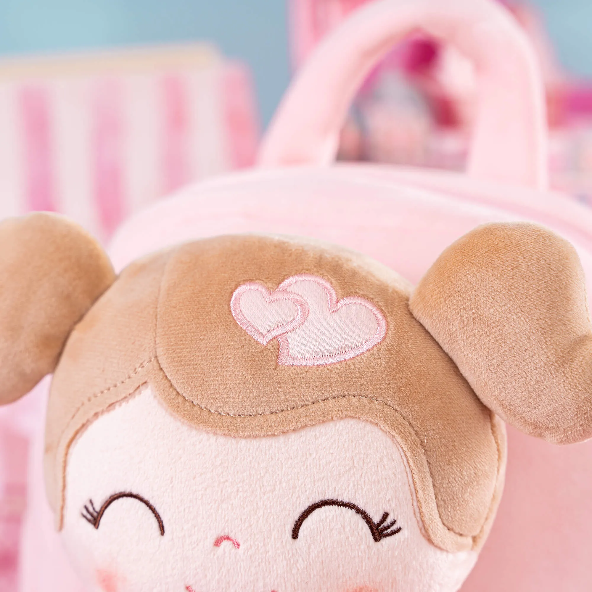 Gloveleya 9-inch Toddler Girls Backpack Girl Gifts Plush Backpack with Doll in Flocked Heart Skirt Pink