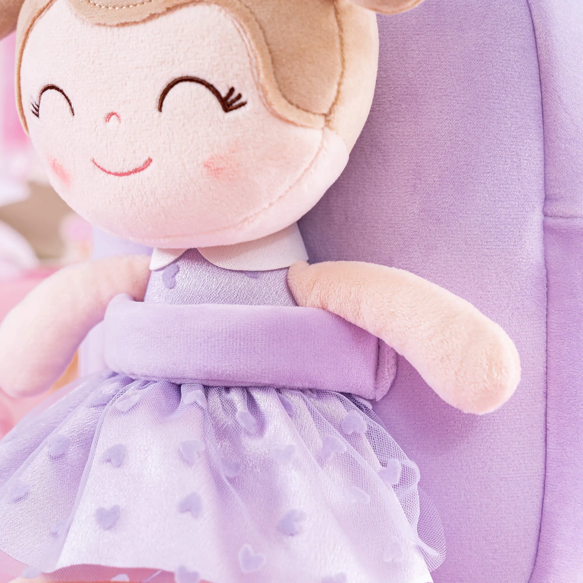 Gloveleya 9-inch Toddler Girls Backpack Girl Gifts Plush Backpack with Doll in Flocked Heart Skirt Purple