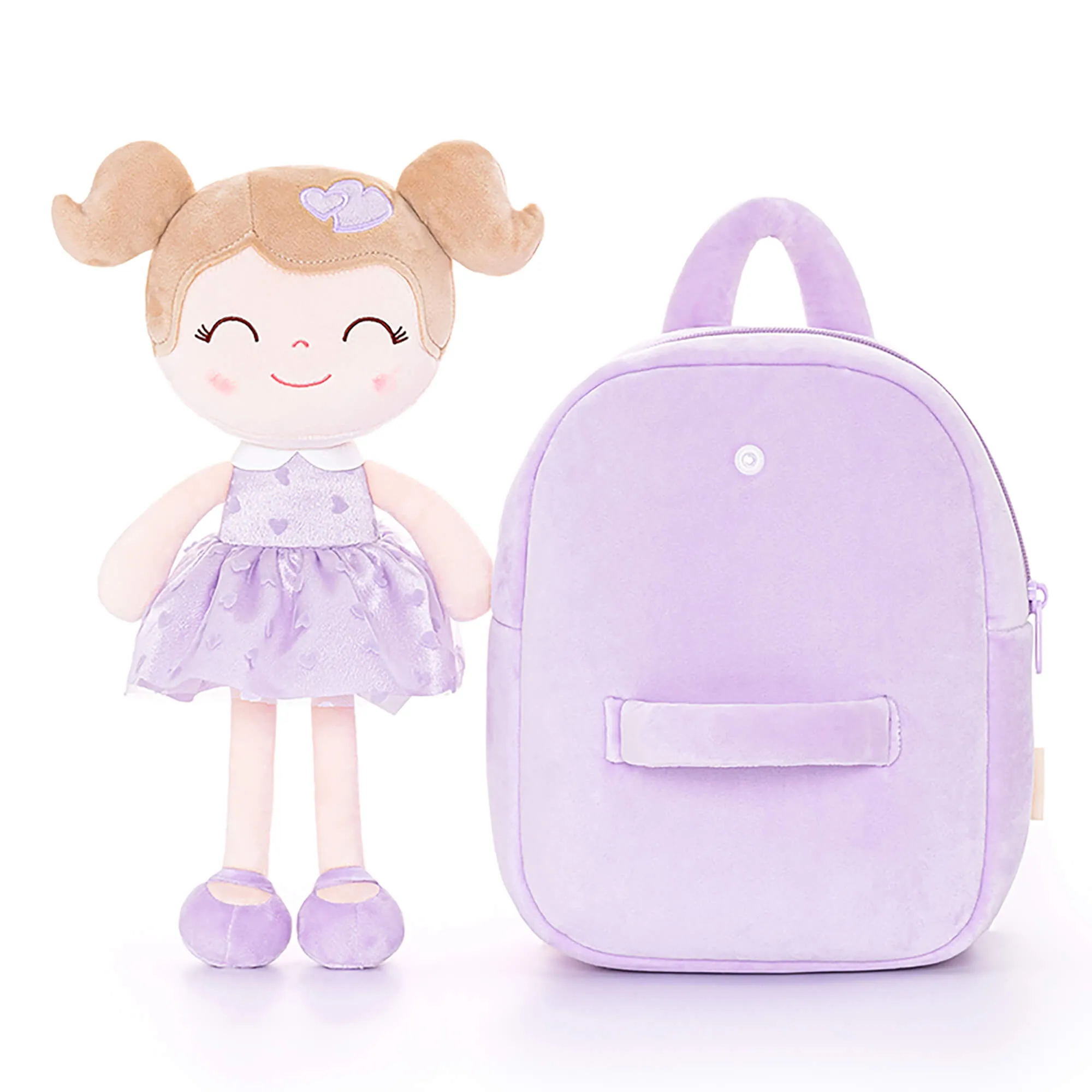 Gloveleya 9-inch Toddler Girls Backpack Girl Gifts Plush Backpack with Doll in Flocked Heart Skirt Purple
