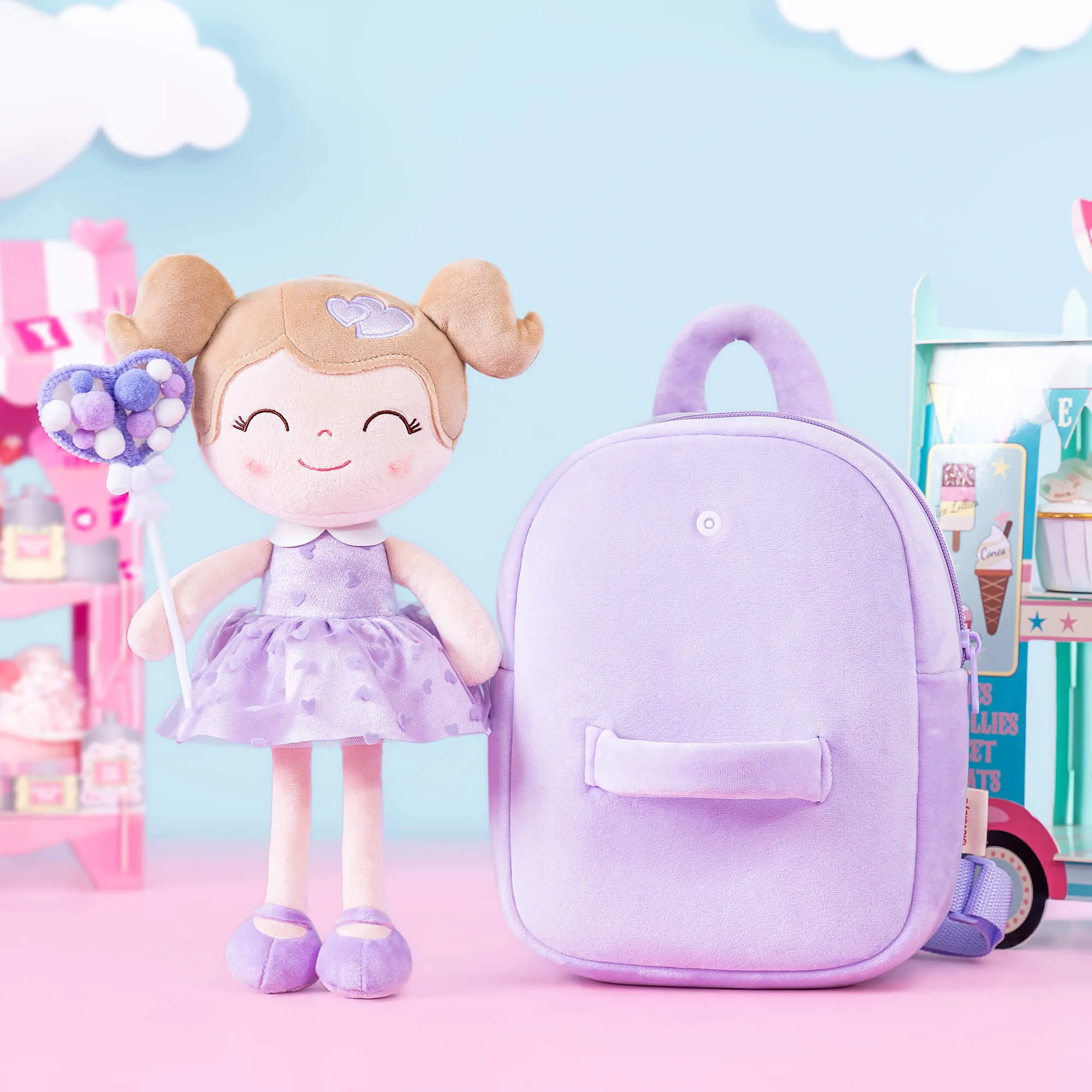 Gloveleya 9-inch Toddler Girls Backpack Girl Gifts Plush Backpack with Doll in Flocked Heart Skirt Purple