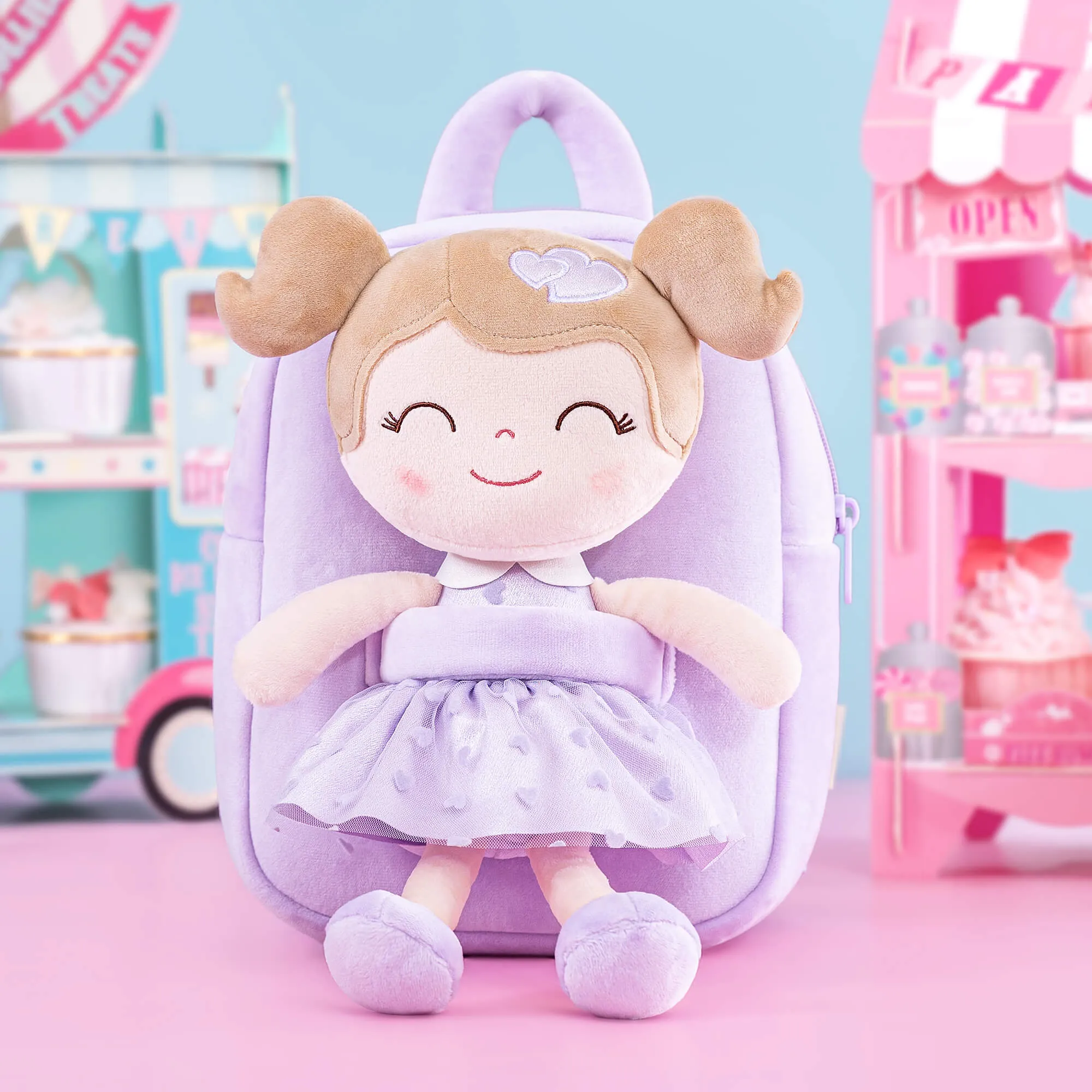 Gloveleya 9-inch Toddler Girls Backpack Girl Gifts Plush Backpack with Doll in Flocked Heart Skirt Purple