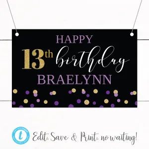 Gold Purple Glitter Thirteenth Birthday Party Banner