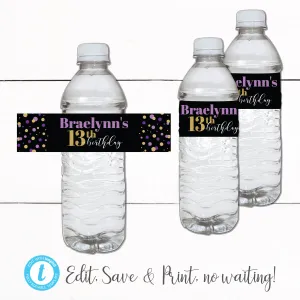 Gold Purple Glitter Thirteenth Birthday Party Decor Water Bottle Labels