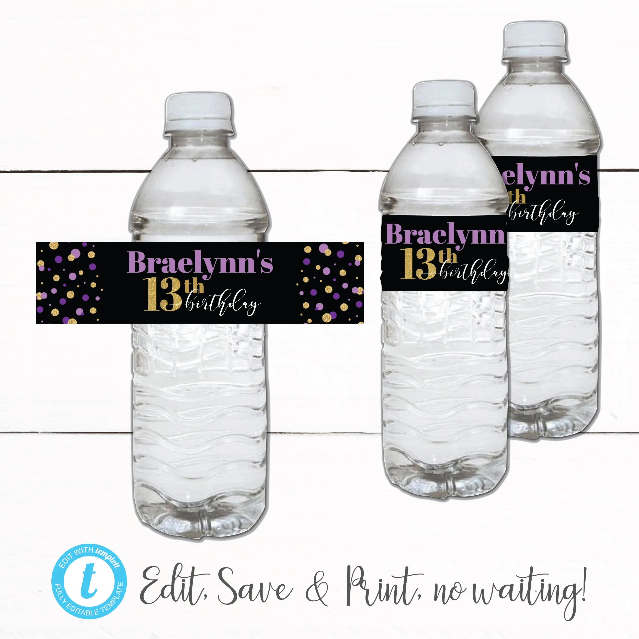 Gold Purple Glitter Thirteenth Birthday Party Decor Water Bottle Labels
