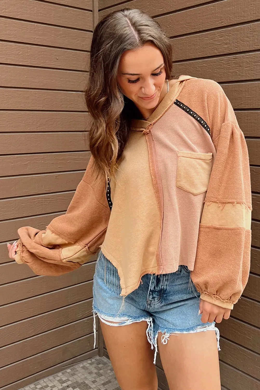 Grapefruit Orange Studded Trim Exposed Seam Patchwork Hoodie