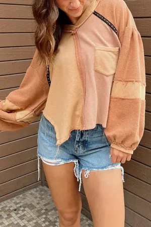 Grapefruit Orange Studded Trim Exposed Seam Patchwork Hoodie