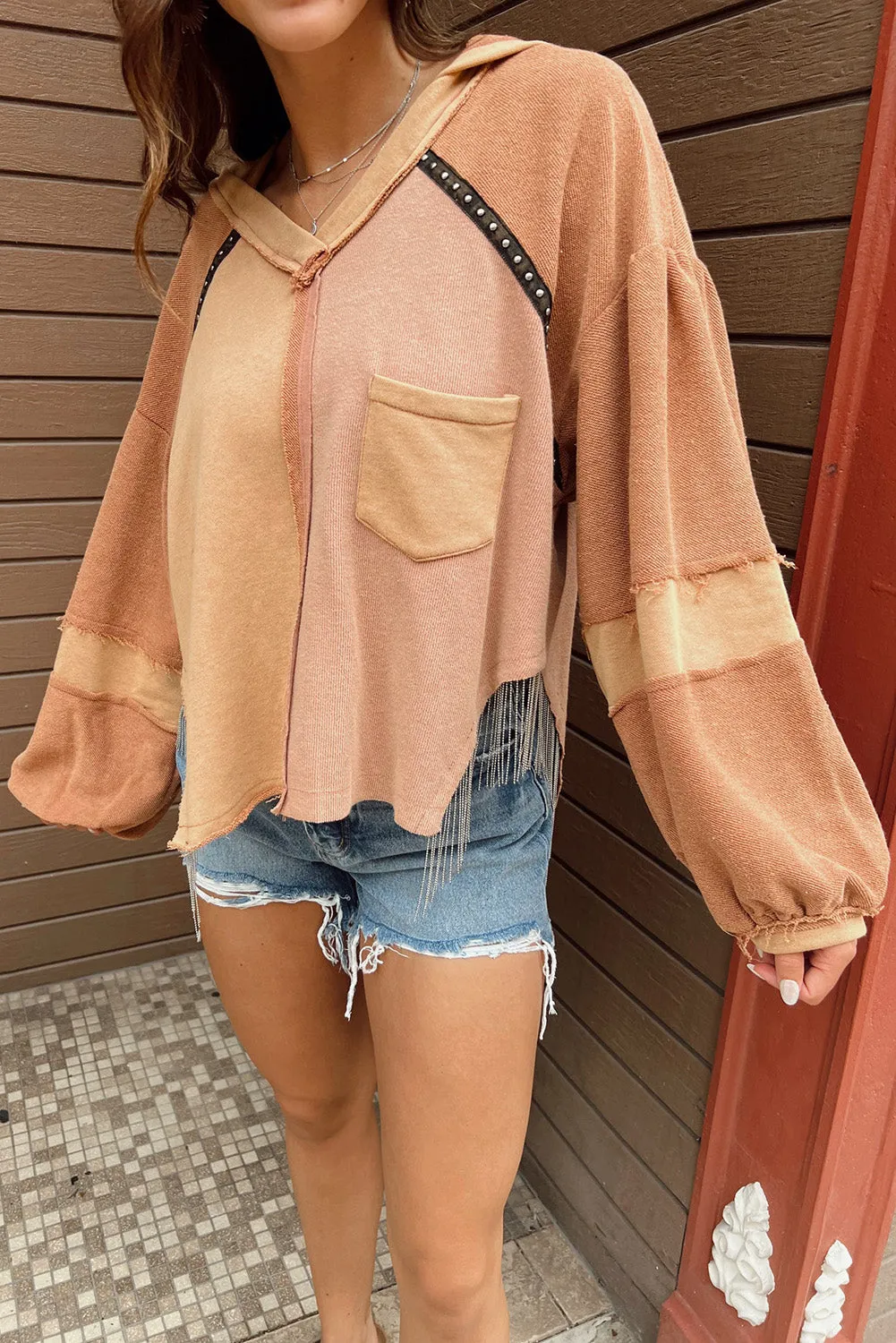 Grapefruit Orange Studded Trim Exposed Seam Patchwork Hoodie