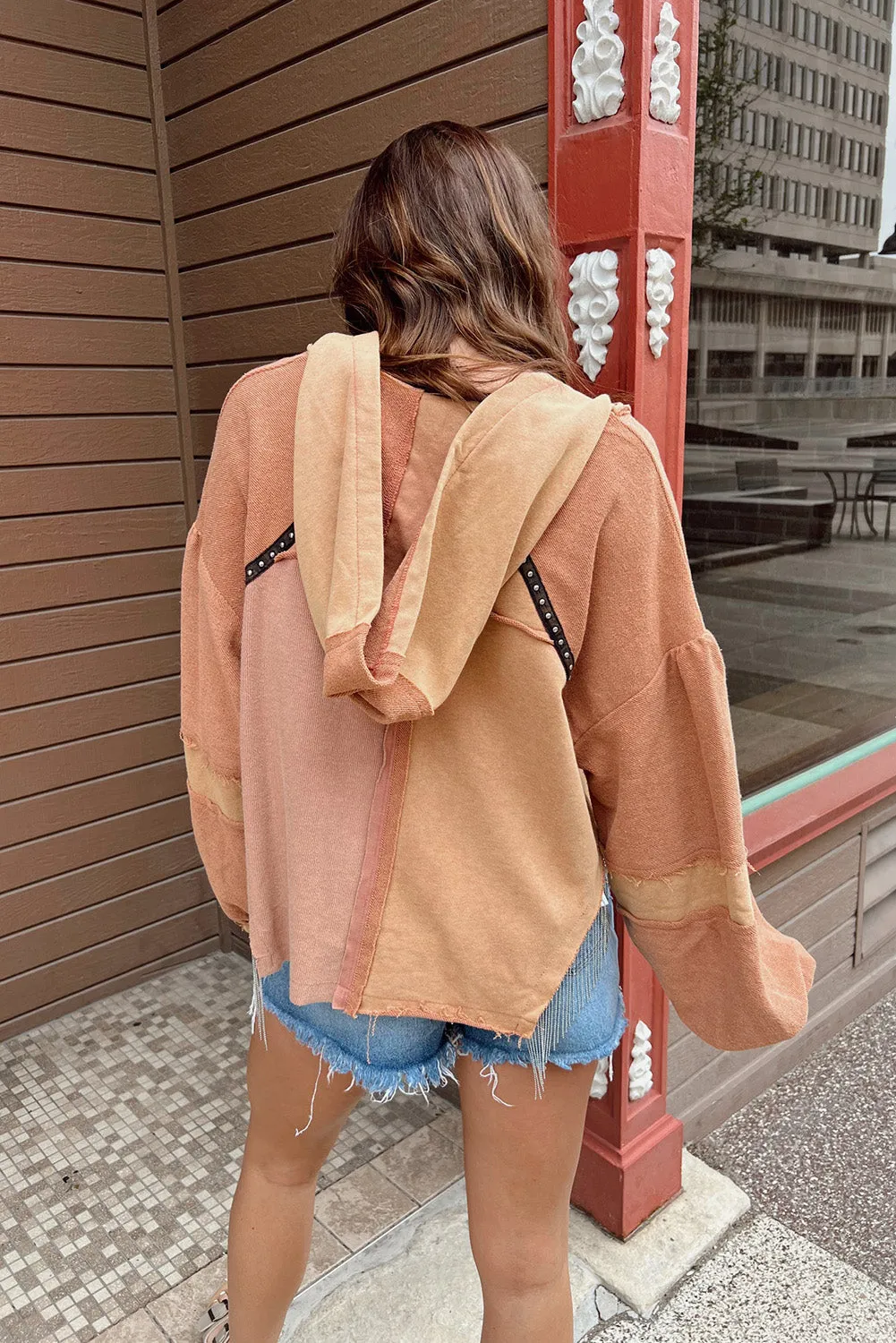 Grapefruit Orange Studded Trim Exposed Seam Patchwork Hoodie