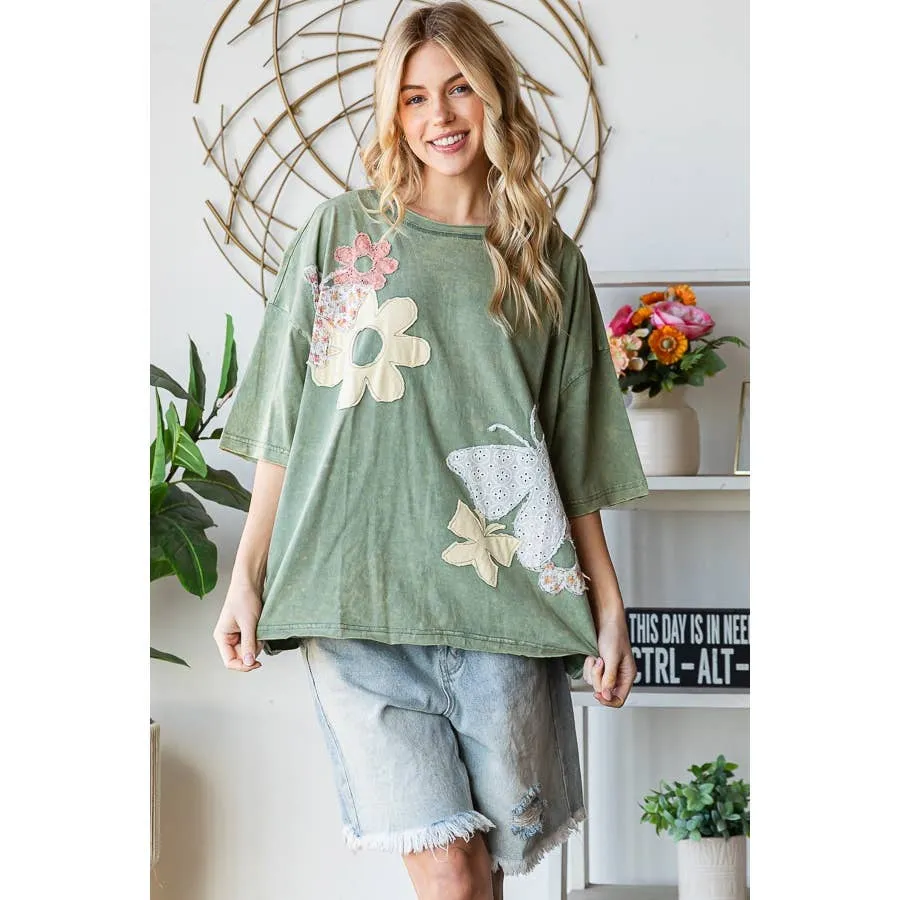 Green Washed Flower Butterfly Patchwork Short Sleeve Oli Hali Top