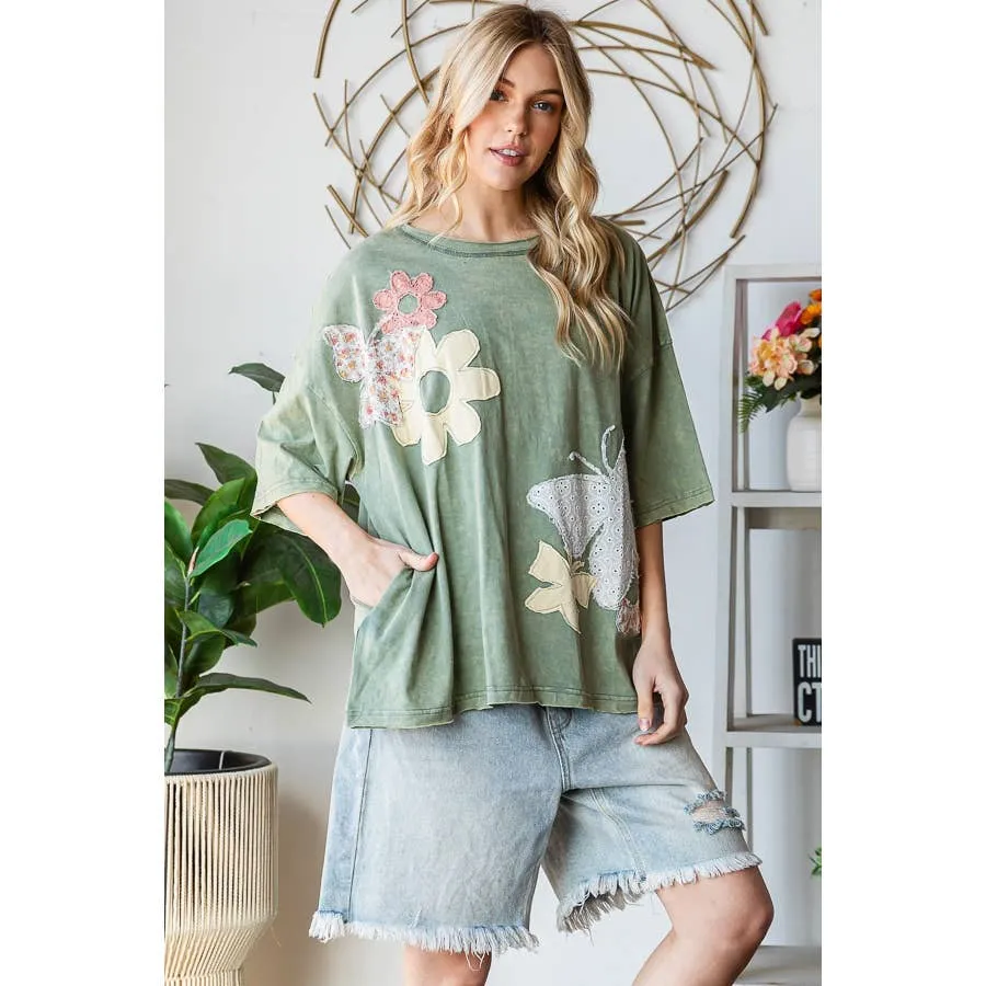 Green Washed Flower Butterfly Patchwork Short Sleeve Oli Hali Top