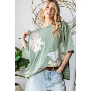 Green Washed Flower Butterfly Patchwork Short Sleeve Oli Hali Top