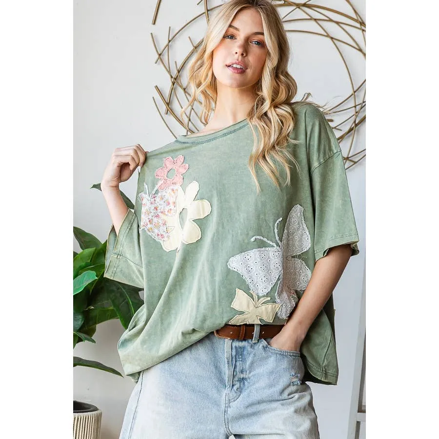 Green Washed Flower Butterfly Patchwork Short Sleeve Oli Hali Top