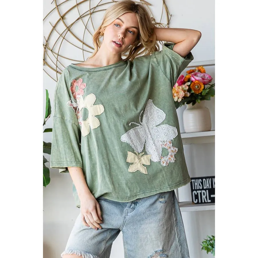 Green Washed Flower Butterfly Patchwork Short Sleeve Oli Hali Top