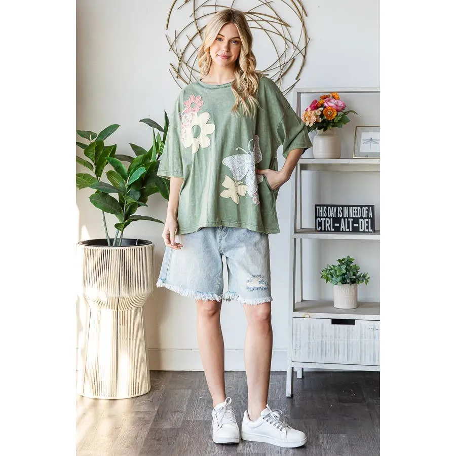 Green Washed Flower Butterfly Patchwork Short Sleeve Oli Hali Top
