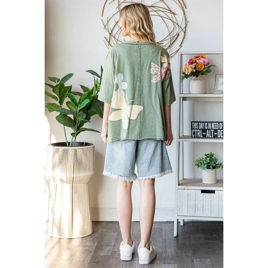 Green Washed Flower Butterfly Patchwork Short Sleeve Oli Hali Top