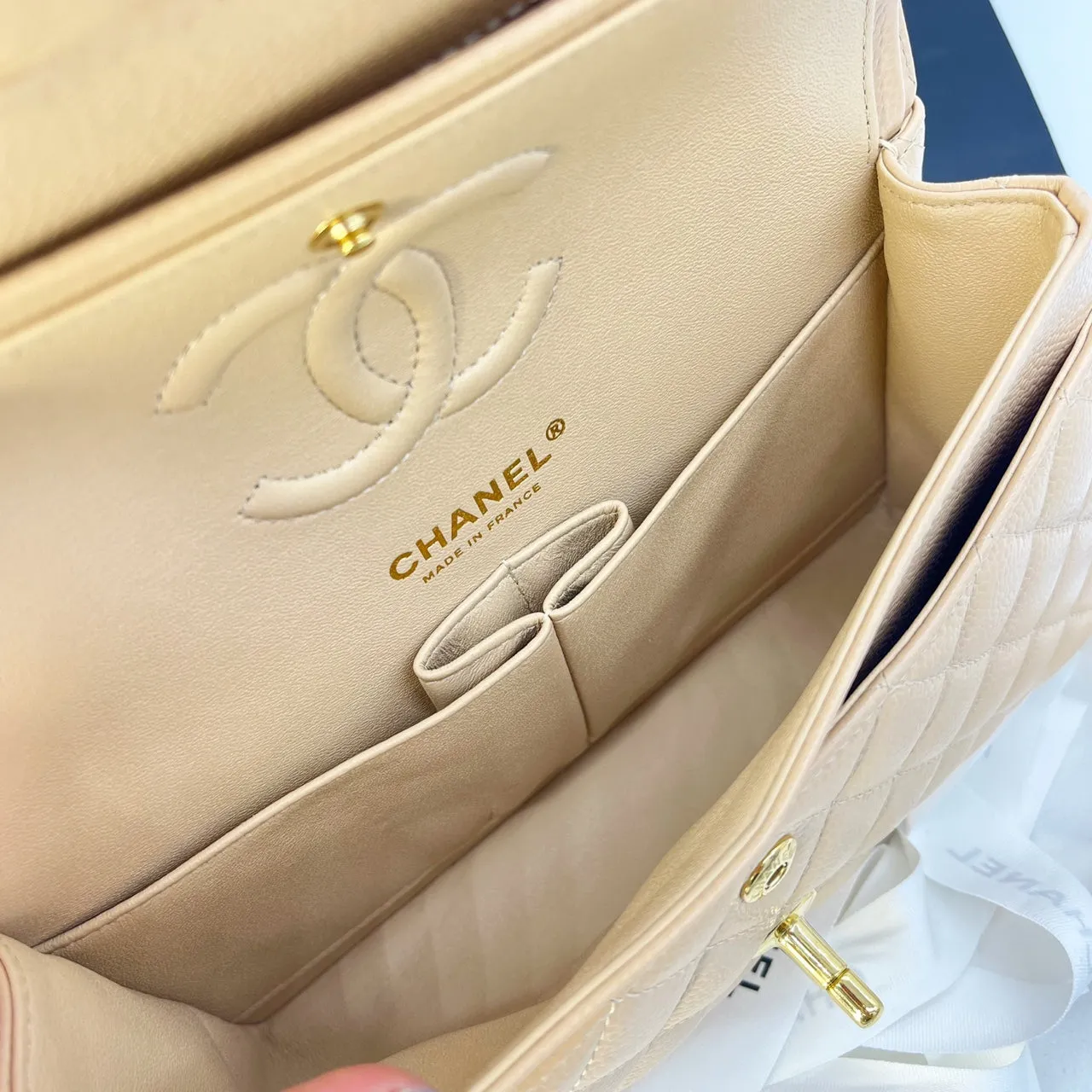 Guarantee authentic Chanel Classic Medium Quilted Caviar Double Flap Gold Hardware Chain Shoulder Bag/Beige