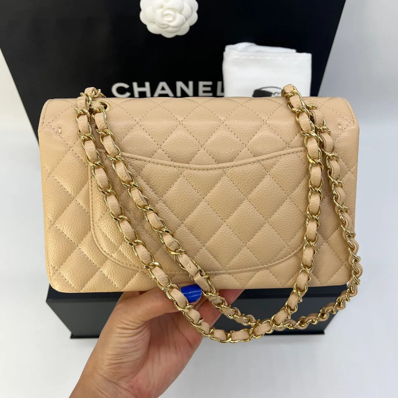Guarantee authentic Chanel Classic Medium Quilted Caviar Double Flap Gold Hardware Chain Shoulder Bag/Beige