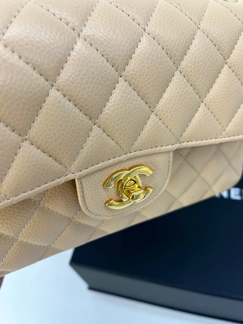 Guarantee authentic Chanel Classic Medium Quilted Caviar Double Flap Gold Hardware Chain Shoulder Bag/Beige