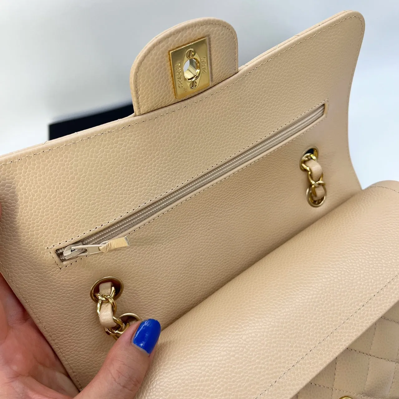 Guarantee authentic Chanel Classic Medium Quilted Caviar Double Flap Gold Hardware Chain Shoulder Bag/Beige