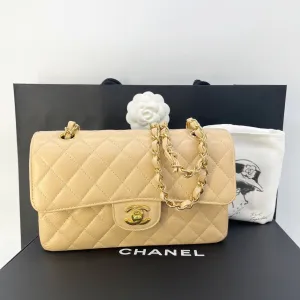 Guarantee authentic Chanel Classic Medium Quilted Caviar Double Flap Gold Hardware Chain Shoulder Bag/Beige