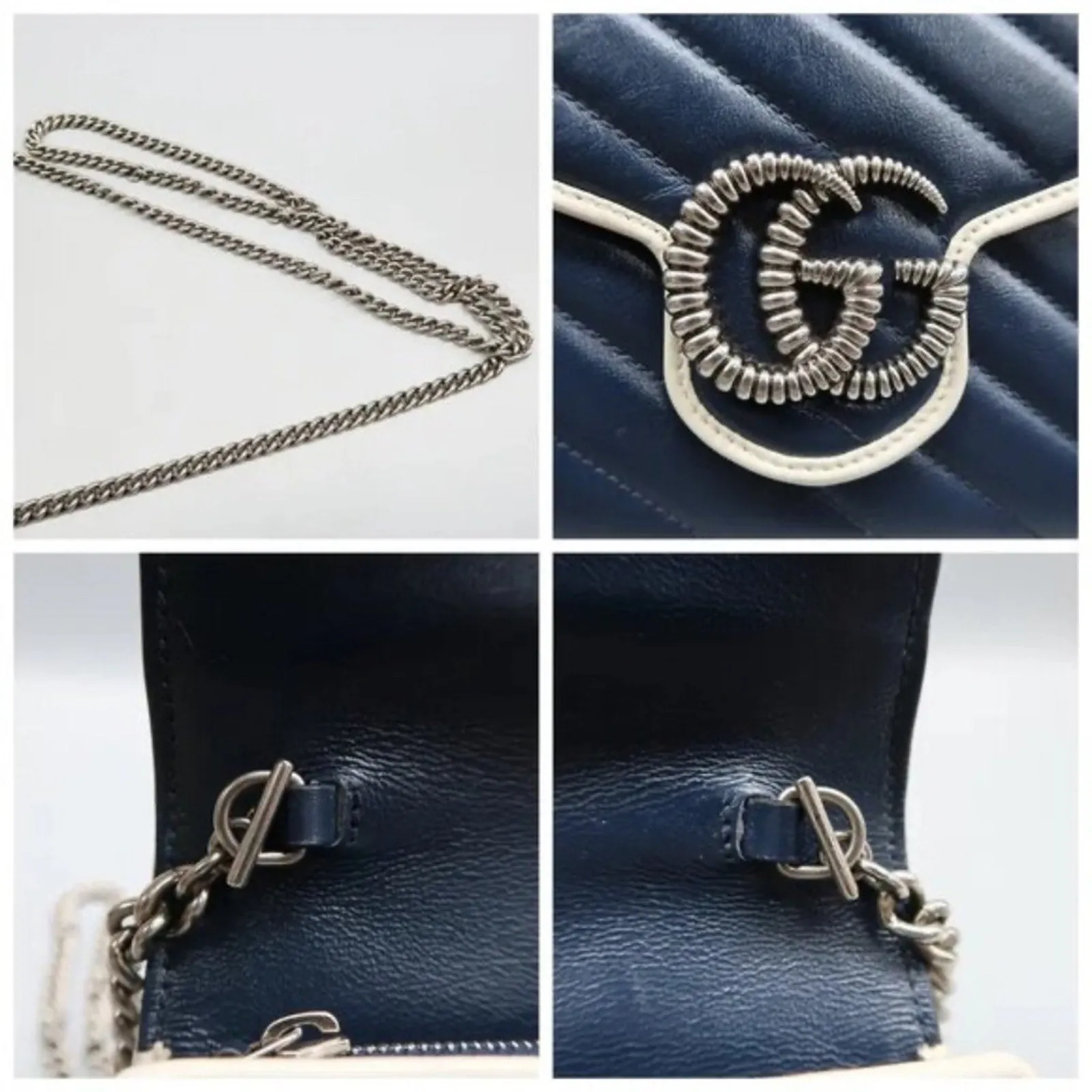 GUCCI GG Marmont Chain Wallet Blue Leather Shoulder Bag