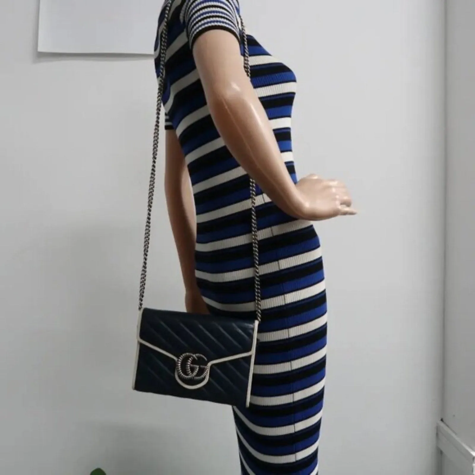 GUCCI GG Marmont Chain Wallet Blue Leather Shoulder Bag