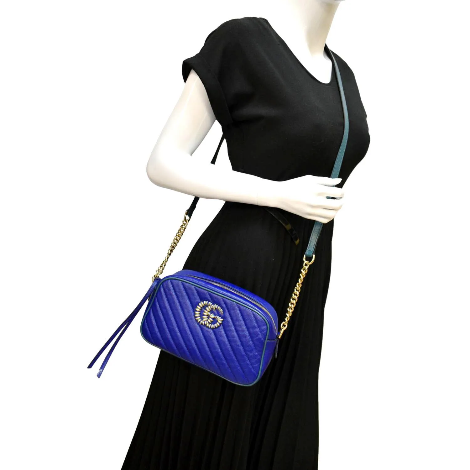 GUCCI GG Marmont Small Diagonal Leather Crossbody Bag Blue 447632