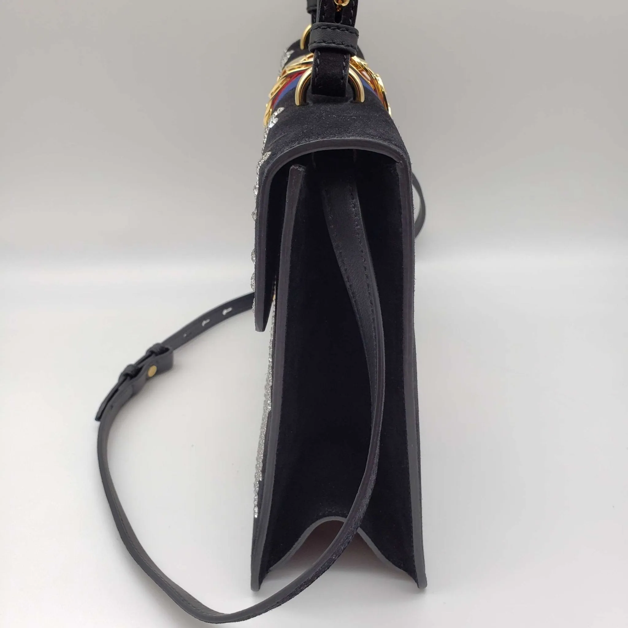 Gucci Sylvie Black Satin and Crystal Vintage Web Shoulder Bag
