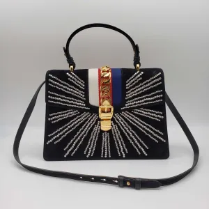 Gucci Sylvie Black Satin and Crystal Vintage Web Shoulder Bag