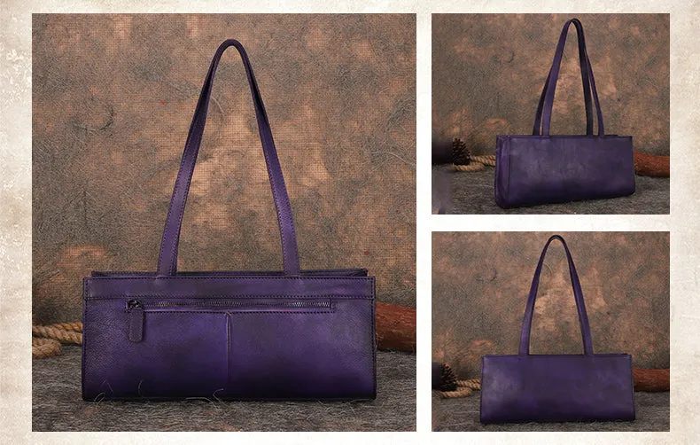 Handmade Purple Leather Womens Vintage Baguette Bag Best Baguette Shoulder Bag Crossbody Purses for Ladies